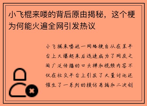 小飞棍来喽的背后原由揭秘，这个梗为何能火遍全网引发热议