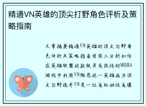 精通VN英雄的顶尖打野角色评析及策略指南